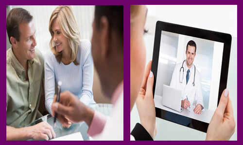 Picture of a happy woman having a video conference with her fertility doctor in Costa Rica.  The woman is holding a tablet and is talking to her doctor during a conference call. Also a picture of a young couple having a conference with their fertility doctor.